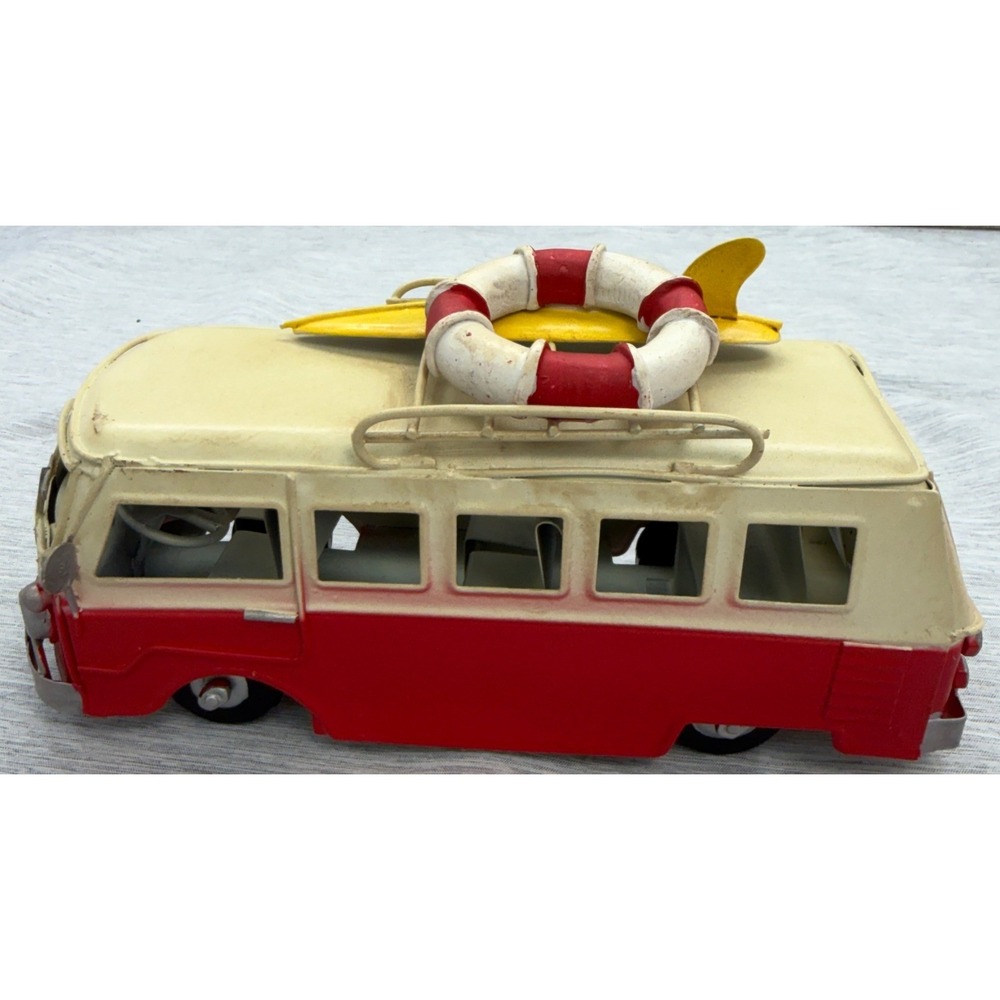 Vintage Style Metal Surf Bus Red Cream Beach Decor with Surfboard 6.5 Inch